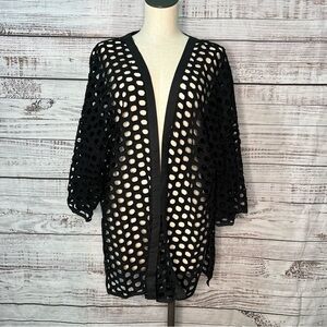 Wynne Layers‎ 1X Black Holey Stitch 3/4-Sleeve Cardigan Kimono